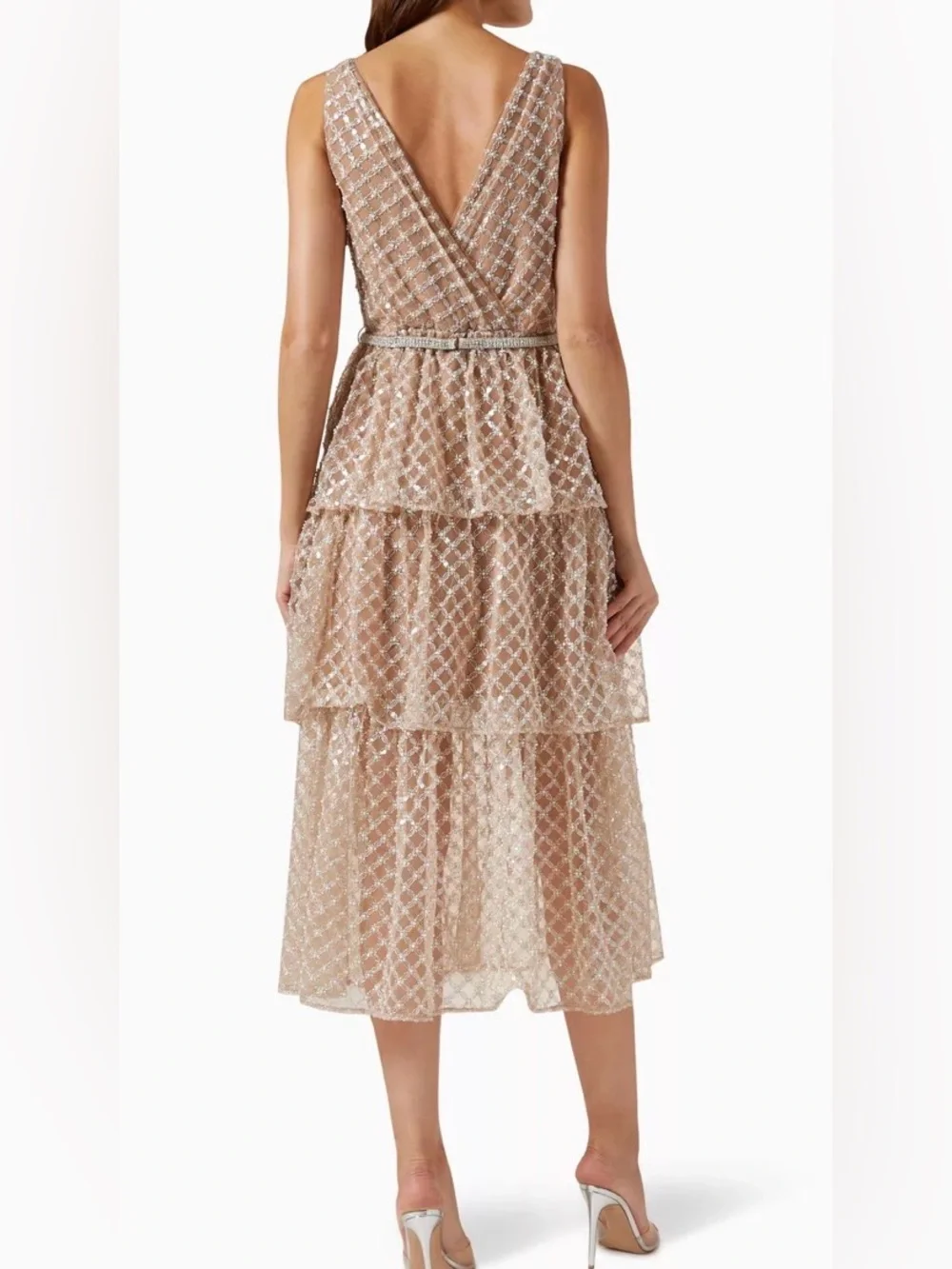 Self Portrait Tiered V-Neck Sequin Midi Dress in Champagne NEW WITH TAGS